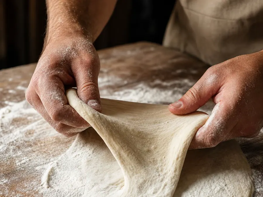 Zwei Hände ziehen Pizzateig auf einer bemehlten Holzplatte.