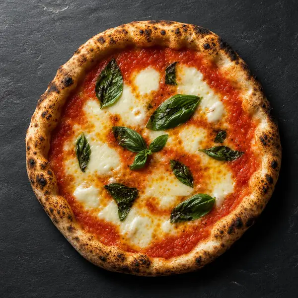 Pizza Margherita von oben: Tomatensauce, Mozzarella und Basilikum auf dunklem Stein.