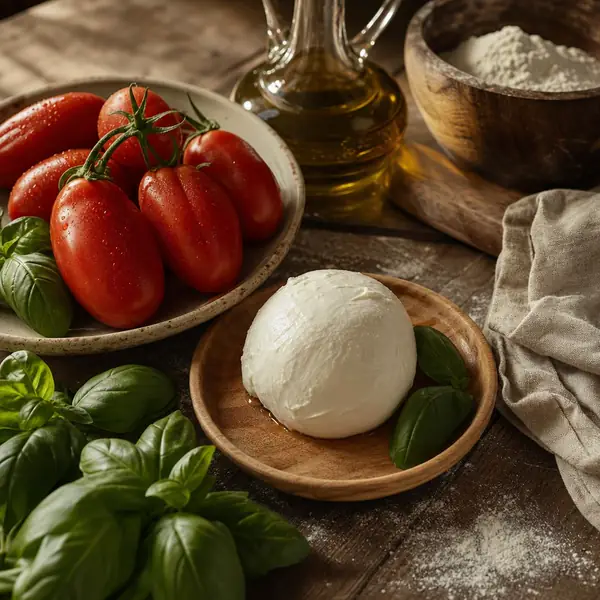San-Marzano-Tomaten, Mozzarella, Basilikum, Olivenöl und Mehl auf einem Holztisch.